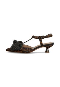 Scarpa con tacco slingback in stampa leopardata, con cinturino a T, fiocco in perline nere e tacco basso e svasato con finitura metallica.