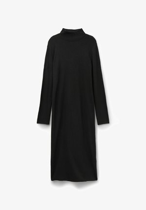 Schwarzes gestricktes Kleid mit hohem Kragen, langen Ärmeln und lockerer Passform. Glatte Textur, gerade Silhouette und mittellanges Design.