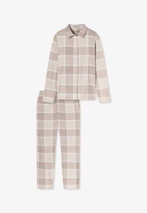 Beżowy i kremowy zestaw piżamowy w kratę, składający się z koszuli z kołnierzykiem zapinanej na guziki oraz dopasowanych spodni z długimi rękawami i prostymi nogawkami.