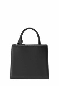 Sac à main en cuir noir rectangulaire avec des poignées arrondies et des détails de couture minimalistes, présenté sur fond blanc.