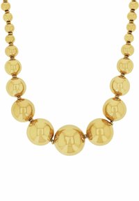 Collar de cuentas de oro que presenta una secuencia de cuentas esféricas de tamaños variados, con una superficie lisa y brillante, y separadores entre ellas.