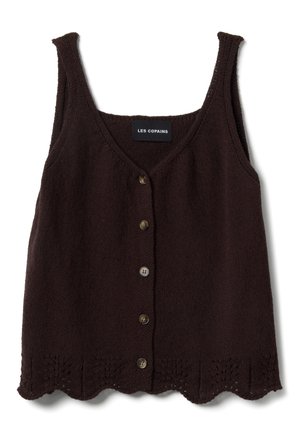 Top senza maniche in maglia marrone scuro con chiusura frontale a bottoni e dettaglio orlo smerlato.