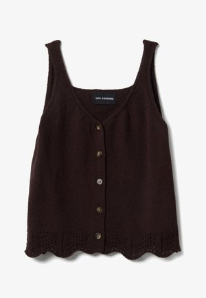 Top senza maniche in maglia marrone scuro con chiusura frontale a bottoni e dettaglio orlo smerlato.
