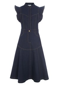 Dunkelblaues Denim-Kleid mit kurzen Volantärmeln, einem hohen Kragen, einer definierten Taille mit einem Gürtel und kontrastierenden Nähten.