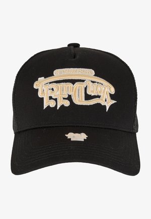 Cappellino da baseball nero con visiera curva, con la scritta ricamata beige "World Famous" sul davanti, tessuto testurizzato e retro in rete.