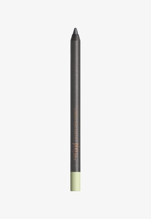 Grau Augenstift mit glatter Textur, versehen mit einem hellgrünen Deckel. Der Körper ist metallic und mit einer Branding in Pfirsichfarbe bedruckt.
