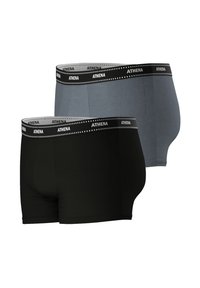 Deux paires de boxers pour hommes : l'une noire et l'autre gris foncé. Les deux présentent un tissu doux et une taille élastique avec la marque « ATHENA ». 