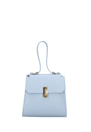 Hellblaue Lederhandtasche mit strukturiertem Design, goldenen Beschlägen, Obergriff und einer umklappbaren Klappe mit magnetischem Verschluss.