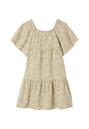 Robe courte beige à motif floral blanc, avec manches larges et volantées, encolure carrée et détails froncés à la taille et à l'ourlet.