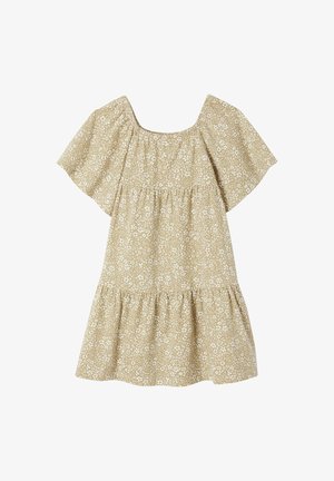 Robe courte beige à motif floral blanc, avec manches larges et volantées, encolure carrée et détails froncés à la taille et à l'ourlet.