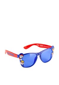 Lunettes de soleil pour enfants avec des montures bleues, des branches rouges portant le logo "Paw Patrol" et des designs de personnages sur les côtés. Verres teintés en bleu.