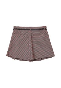 Pantaloni corti a quadri rossi e neri con silhouette svasata, dotati di una cerniera posteriore e due tasche posteriori. Realizzati in un tessuto testurizzato.