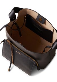 Black leather tote bag with gold hardware, smooth texture, a detachable zippered pouch, and a spacious beige interior.