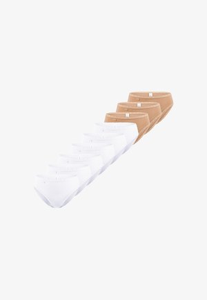 Packung mit Unterwäsche, bestehend aus fünf weißen und fünf beigen Paaren. Jedes Paar ist mit einem Spitzenbesatz und einem kleinen Etikett an der Taille versehen.