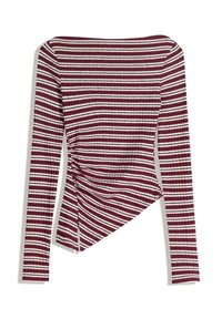 Bordó és fehér csíkos, hosszú ujjú felső, testhez simuló szabással, texturált bordázott anyagból, aszimmetrikus szegéllyel.