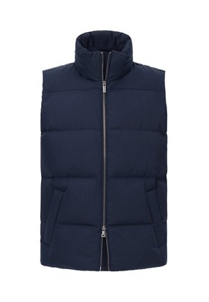 Gilet imbottito senza maniche blu navy con collo alto, chiusura frontale a zip e due tasche laterali. Texture liscia con design trapuntato.