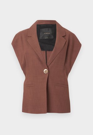 Pruun varrukateta bleiser läbilõigetega kraega, ühe nupuga kinnitusega ja kahe ees oleva suuauguga taskuga, must sisevooder.