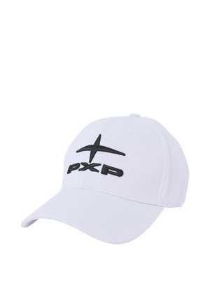 Gorra de béisbol blanca con visera curva que presenta un logo bordado negro en forma de estrella y las letras "PXP" en la parte delantera.