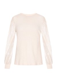 Langarmoberteil in hellcreme mit einem strukturierten Körper und transparenten, gemusterten Ärmeln. Rundhalsausschnitt und schmale Bündchen runden das Design ab.