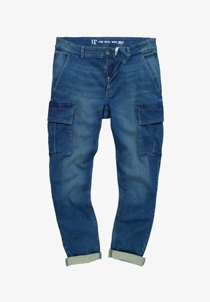 Blå denim cargo bukser har en afslappet pasform, foldbare manchetter, flere sidelommer og en knaplukning med lynlås.