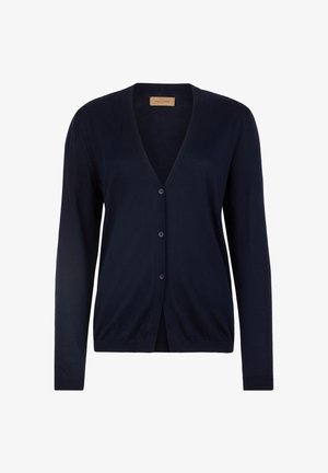 Mörkblå cardigan i mjukt tyg, med V-ringning, knäppning framtill, långa ärmar och en avslappnad passform med ribbad nederkant.