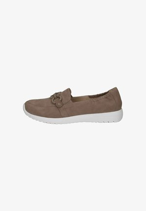 Brown suede slip-on shoe with white rubber sole, featuring a decorative knot and stitched detailing along the toe and sides.