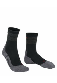 Calze a crew nere con punta e tallone rinforzati grigi. Presentano una marcatura rossa, una texture liscia e un design a coste sulla parte superiore. Materiale resistente per il comfort.