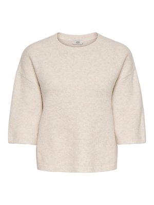 Pull en maille beige à manches courtes, col rond et coupe décontractée.