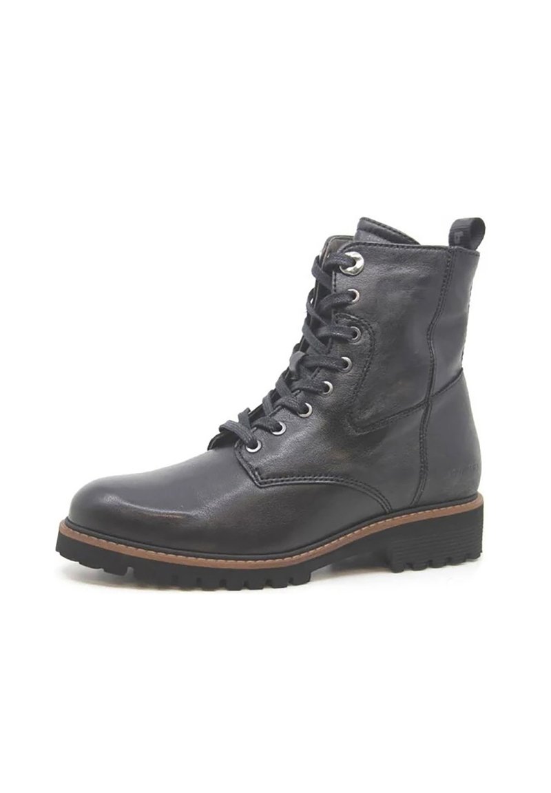 Zwarte leren veterschoenen tot de enkel met een ronde neus, een gestructureerd oppervlak en een rubberen zool met een iets verhoogde hak en stikdetails.