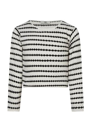 Pull court à manches longues avec des rayures horizontales noires en forme de vague alternant sur un fond blanc texturé.