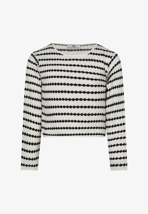 Pull court à manches longues avec des rayures horizontales noires en forme de vague alternant sur un fond blanc texturé.