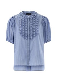 Blau gestreifte Bluse mit Puffärmeln, gerafftem Vorderteil und rundem Kragen. Hergestellt aus leichtem Stoff mit glatter Textur.