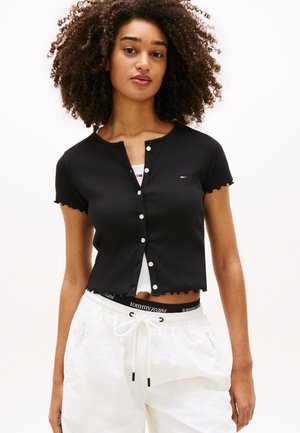 Tommy Jeans RUFFLE TRIM RIBBED SLIM TOP - Μπλουζάκι με στάμπα - black
