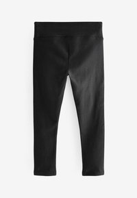 Zwarte leggings van gladde, rekbare stof, met een hoge tailleband en een lengte tot de enkels, zonder zichtbare patronen of versieringen.