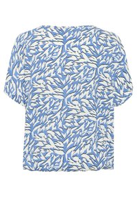 Top a maniche corte con un design a foglia blu e bianco, dalla vestibilità ampia e in tessuto morbido e leggero. Vista posteriore mostrata.