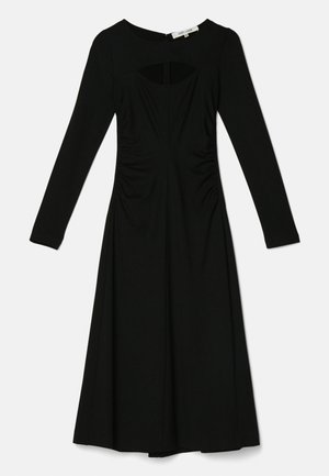Μαύρο φόρεμα με μακριά μανίκια που διαθέτει στρογγυλή λαιμόκοψη, λεπτομέρειες κοπής, ρυτιδωτές πλευρές και φαρδύ φούστα από τη μέση μέχρι το στρίφωμα.