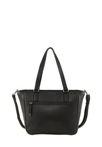Zwarte tote bag met dubbele handvatten en een afneembare schouderriem, gemaakt van gestructureerd synthetisch materiaal, beschikt over een ritsvak aan de voorkant.