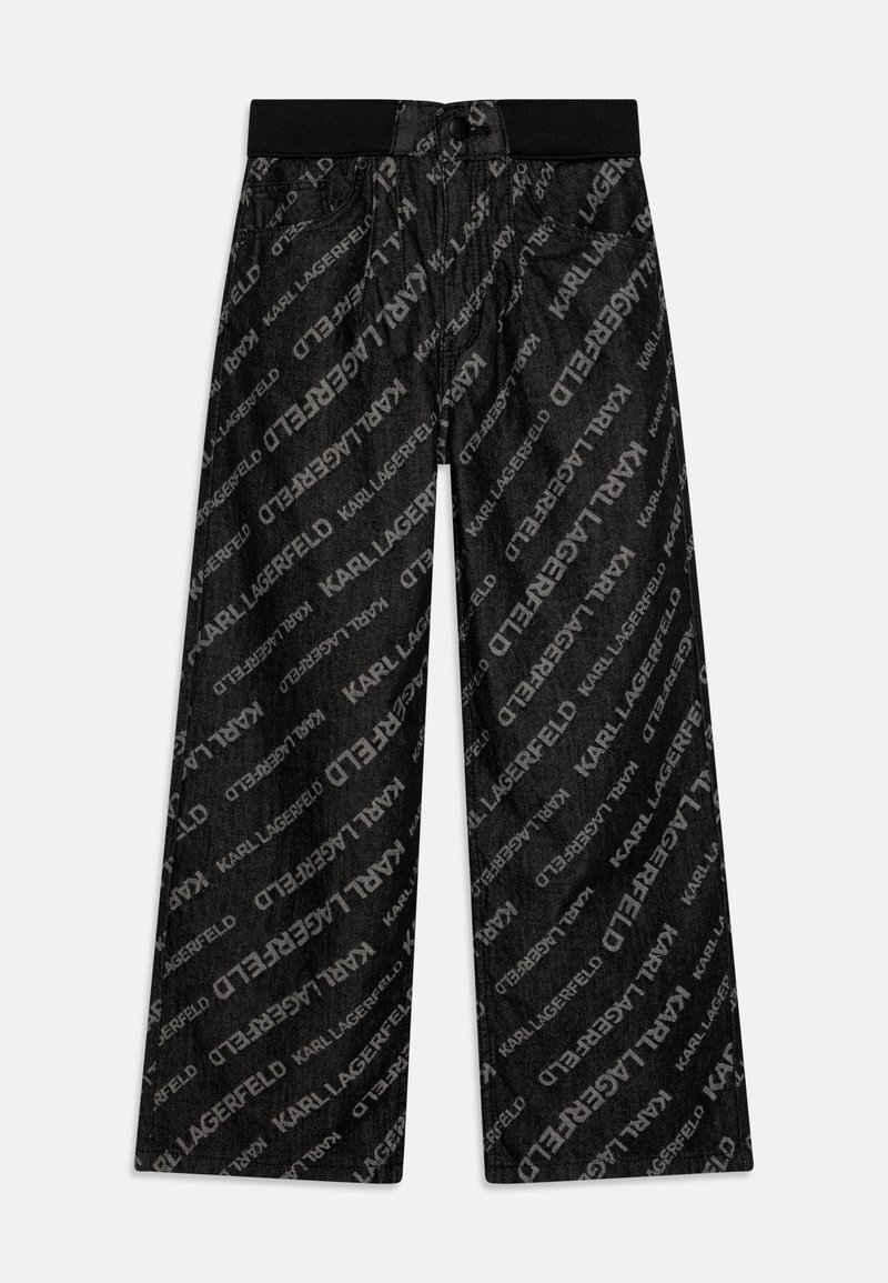 Black denim pants featuring a repeated gray "Karl Lagerfeld" logo pattern, straight-leg design, and elastic waistband for comfort.