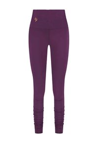 Lila leggings med hög midja, med en subtil logotyp i guld, en smidig, elastisk design och rynkade detaljer vid anklarna.