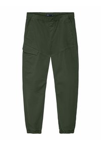 Joggeurs fuselés vert olive en tissu léger, avec une taille élastique, des poches latérales et un détail de poche cargo.