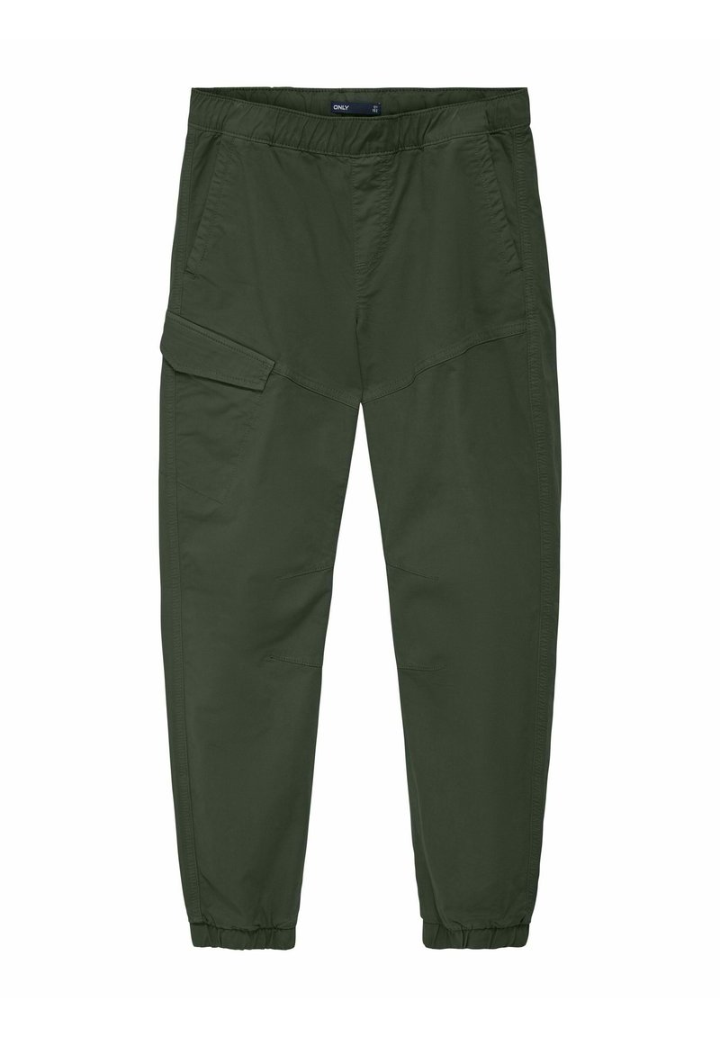 Joggeurs fuselés vert olive en tissu léger, avec une taille élastique, des poches latérales et un détail de poche cargo.