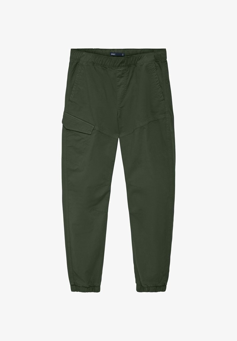 Alyvų žalios spalvos siaurėjantys džinsai, pagaminti iš lengvos medžiagos, su elastinga juosmens juosta, šoninėmis kišenėmis ir cargo kišenės detale.