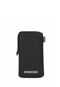 Borsetta nera con zip realizzata in tessuto testurizzato, con un grande logo bianco "KOMONO" sul davanti e un piccolo etichetta sul lato.