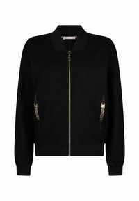 Must bomberjakk lukuga ees, kahe lukuga küljetaskuga, millel on kuldsed detailid, ning soonikkoes varrukate ja alläärega. Pehme kangapind.