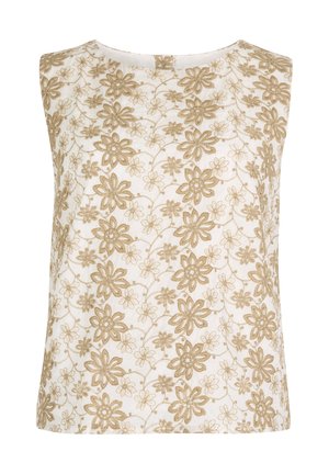 Mouwloos wit topje met beige bloemrijke borduurwerk in verschillende maten en een ronde halslijn.