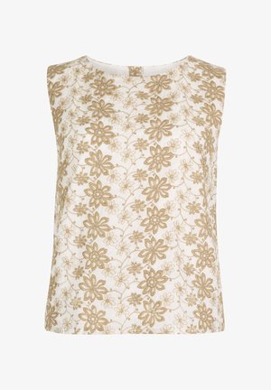 Top blanco sin mangas con bordado floral beige de diferentes tamaños y escote redondo.