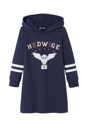 Navy hoodie dress featuring an owl graphic with spread wings, "HEDWIGE" text and five stars. White stripes on sleeves; soft cotton material.