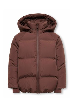 Casaco de inverno acolchoado castanho com fecho de correr frontal e capuz ajustado, concebido para tempo frio.