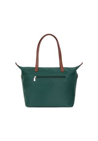 Zielona wodoodporna torba na ramię z brązowymi skórzanymi uchwytami, zamykaną na zamek kieszenią z przodu oraz pojemną komorą. Gładka faktura i minimalistyczny design.