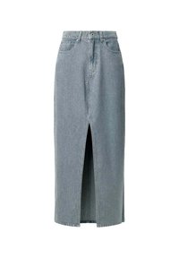 Lichtblauwe denim midi-rok met een split aan de voorkant, vijf riemlussen en twee zijzakken. Gemaakt van geweven katoen.